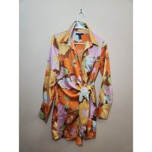 Forever 21 Retro Floral Print Button Front Tie Waist Shirt‎ Dress Women Size S